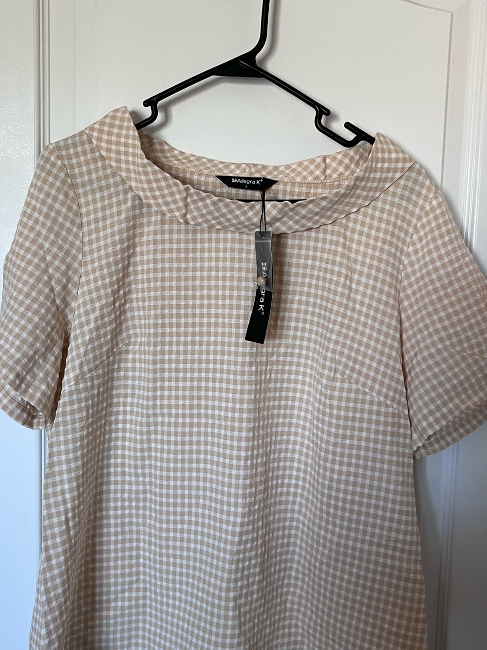Allegra K Beige and White Gingham Short Sleeve Blouse